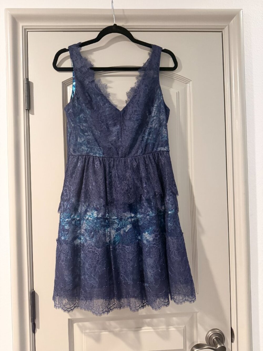 BCBG Lace Mini Dress - Navy Blue w/lighter blue hued floral lining - Size 8